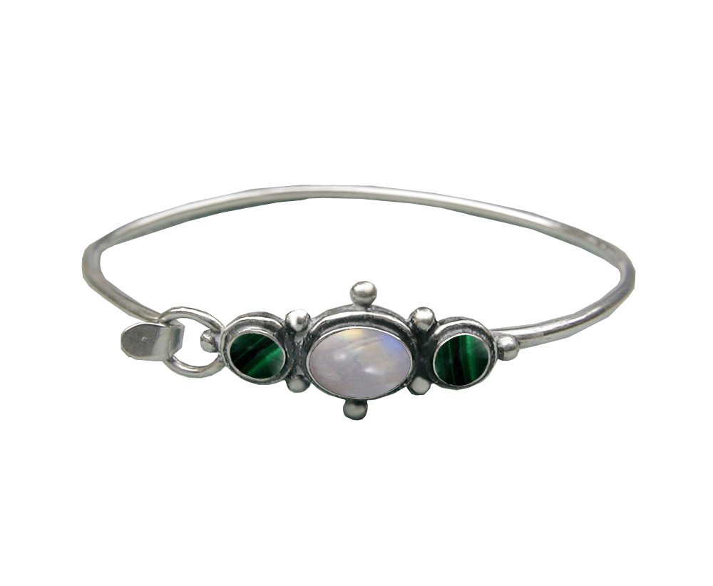 Sterling Silver Strap Latch Spring Hook Bangle Bracelet Rainbow Moonstone And Malachite